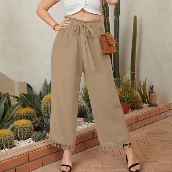 

Plus Self Tie Fringe Hem Wide Leg Pants, Khaki