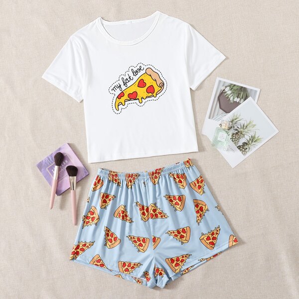 

Plus Pizza And Slogan Graphic Pajama Set, Blue and white