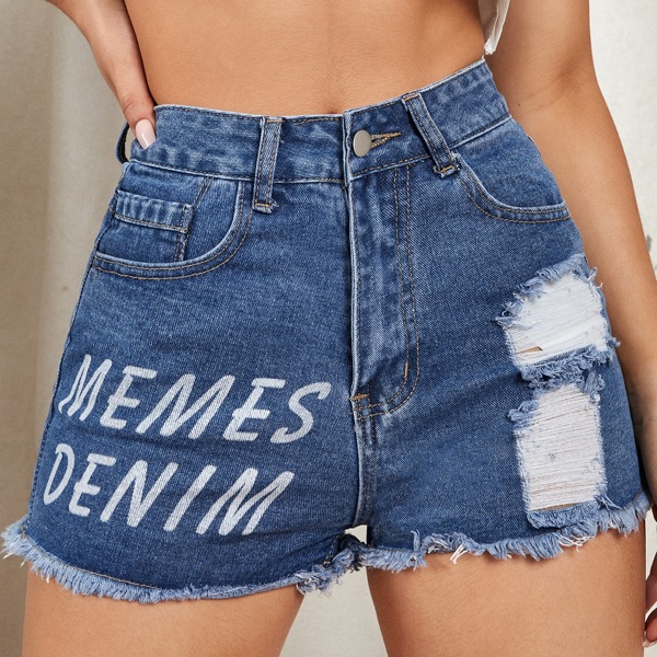 

Letter Graphic Ripped Denim Shorts, Medium wash