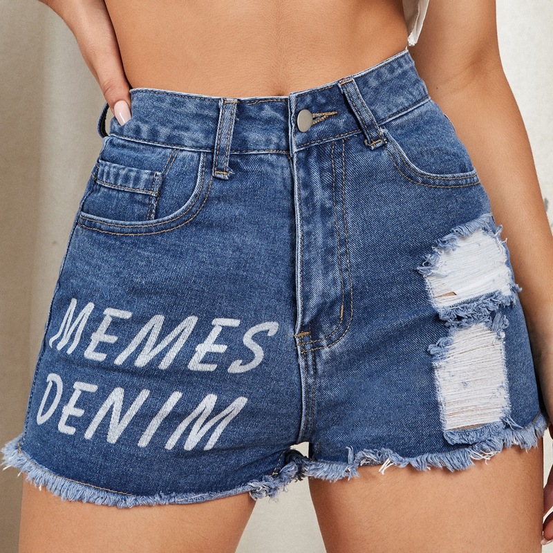 

Letter Graphic Ripped Denim Shorts, Medium wash