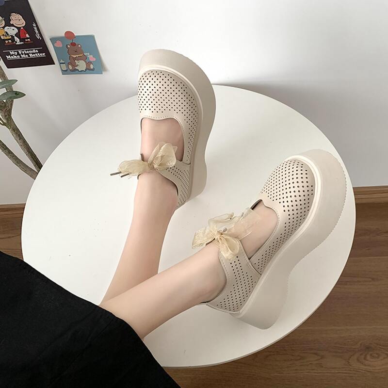 

Bow Decor Wedge Mary Jane Shoes, Beige
