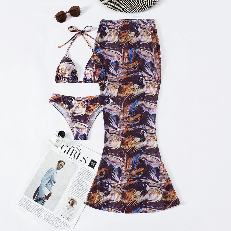 

3pack Allover Graphic Triangle Bikini Swimsuit & Beach Skirt, Coffee brown