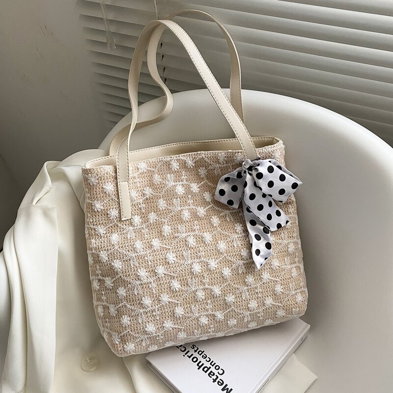 

Bow Decor Straw Tote Bag, Beige