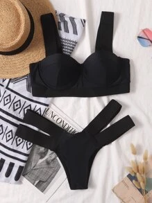 Underwire Cut Out Bikini Set For Summer Beach Vacation - Black - View 1