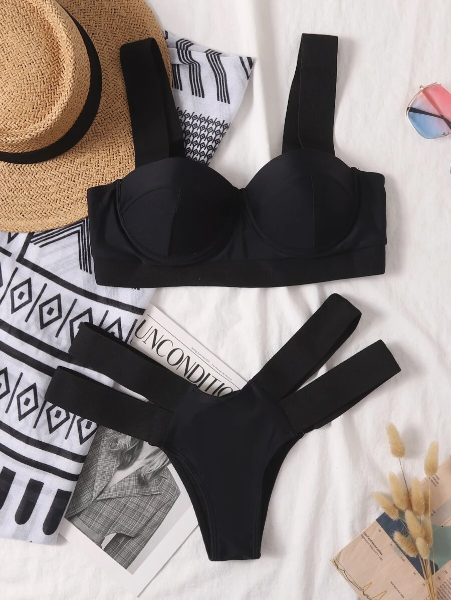 Underwire Cut Out Bikini Set For Summer Beach Vacation - Black - View 1