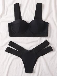 Underwire Cut Out Bikini Set For Summer Beach Vacation - Black - View 3