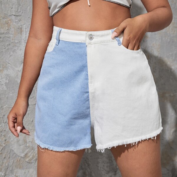 

Plus Two Tone Raw Hem Denim Shorts, Blue and white