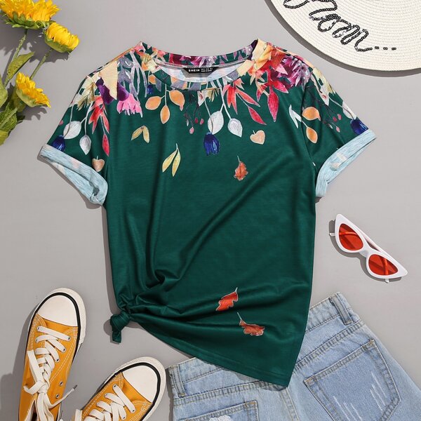 

Plus Plants Print Round Neck Tee, Dark green