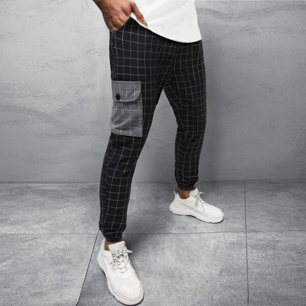 

Men Plaid Drawstring Waist Flap Pocket Pants, Black