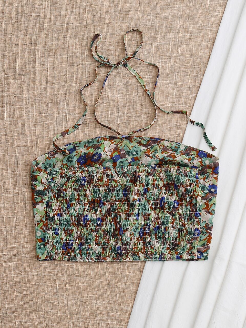 Ruched Bust Shirred Back Ditsy Floral Halter Top