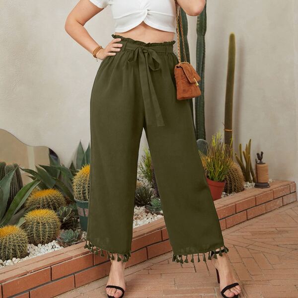 

Plus Self Tie Fringe Hem Wide Leg Pants, Army green