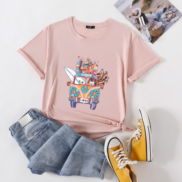 

Plus Graphic Print Crew Neck Tee, Baby pink