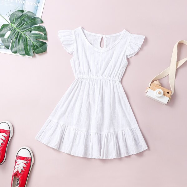 

Toddler Girls Swiss Dot Butterfly Sleeve Ruffle Hem Dress, White
