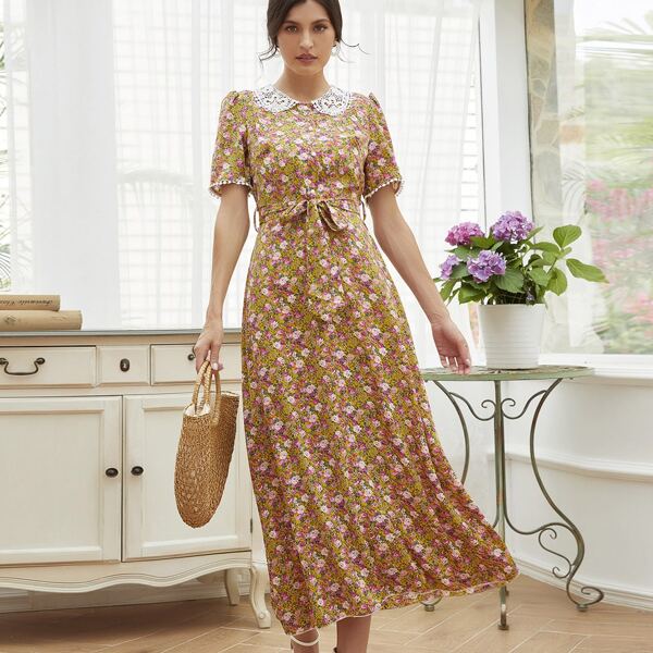

Contrast Lace Doll Collar Floral Belted Dress, Multicolor
