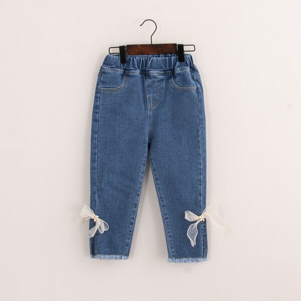 

Toddler Girls Bow Detail Raw Hem Jeans, Medium wash