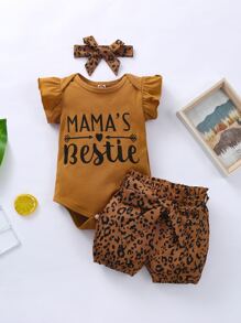 Baby Girl Letter Graphic Ruffle Bodysuit & Leopard Belted Shorts & Headband
