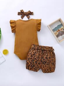 Baby Girl Letter Graphic Ruffle Bodysuit & Leopard Belted Shorts & Headband