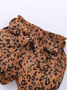 Baby Girl Letter Graphic Ruffle Bodysuit & Leopard Belted Shorts & Headband