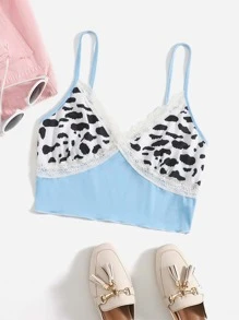 SHEIN Qutie Lace Trim Cow Print Cami Top - Multicolor - View 1