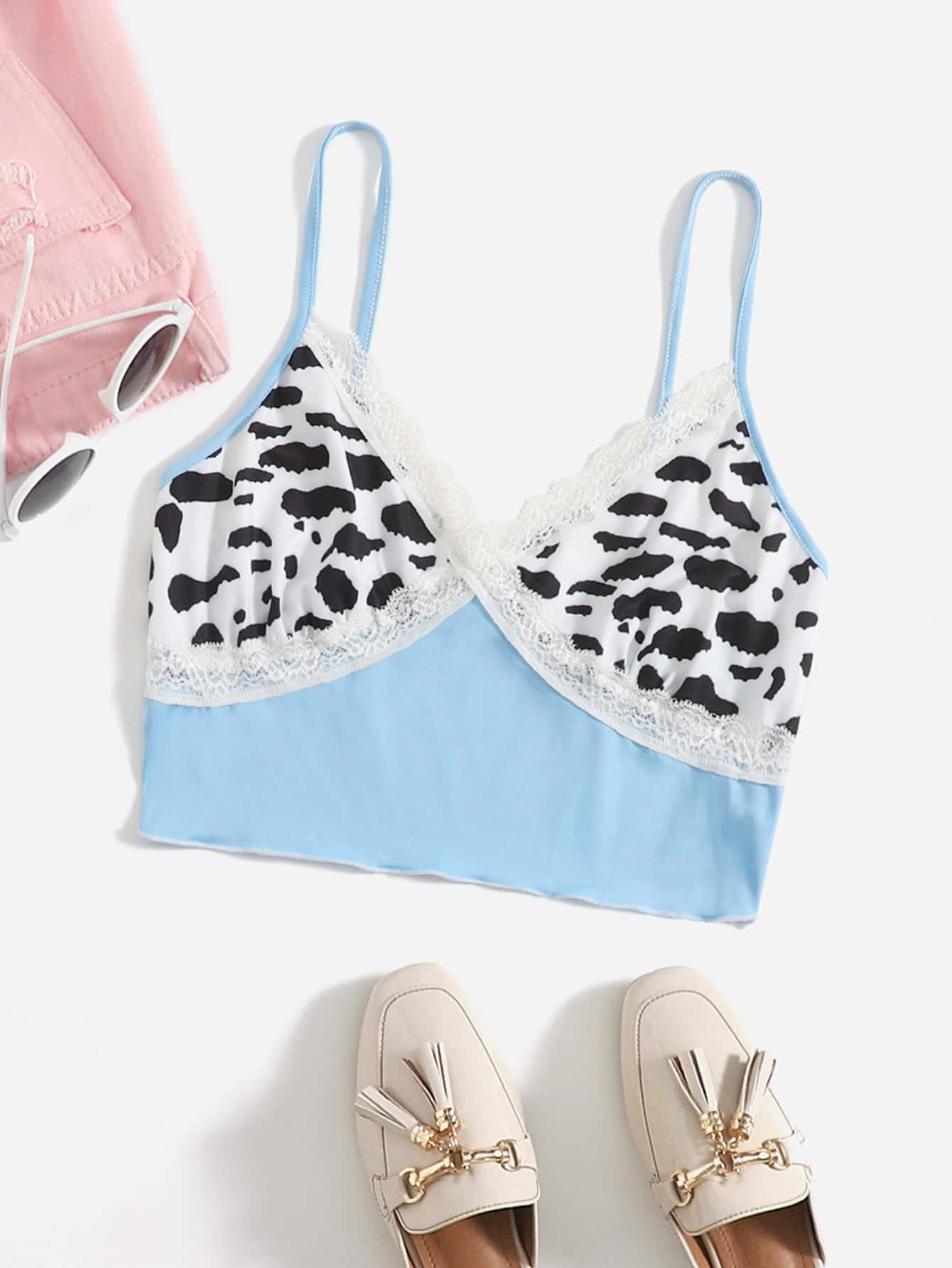 SHEIN Qutie Lace Trim Cow Print Cami Top - Multicolor - View 1
