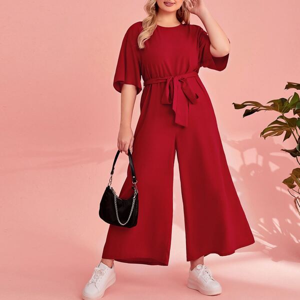 

Plus Solid Wide Leg Jumpsuit, Burgundy