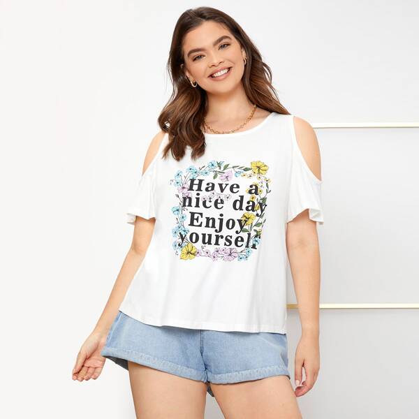

Plus Slogan Graphic Cold Shoulder Tee, White