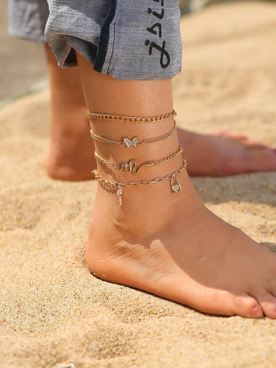4 cái Rhinestone Bướm Trang trí Chuỗi Vòng chân - Vàng - Xem 1