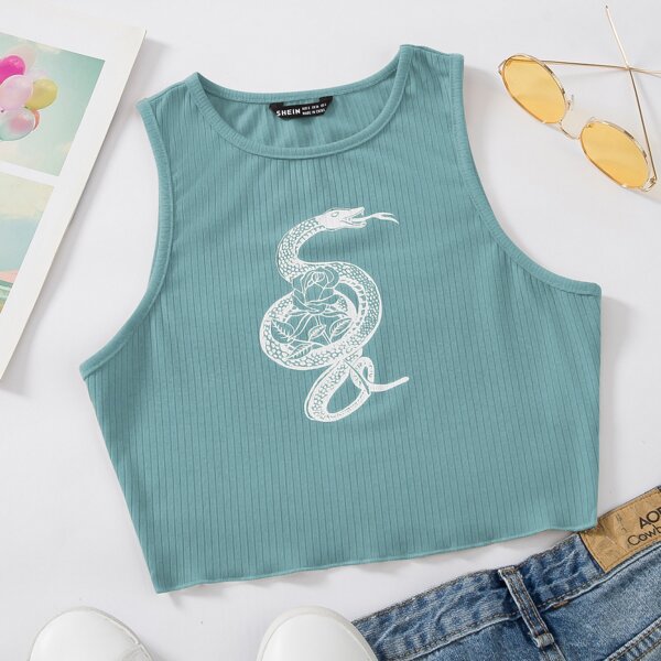 

Snake And Floral Print Tank Top, Cadet blue