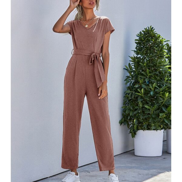 

V Neck Belted Solid Jumpsuit, Dusty pink