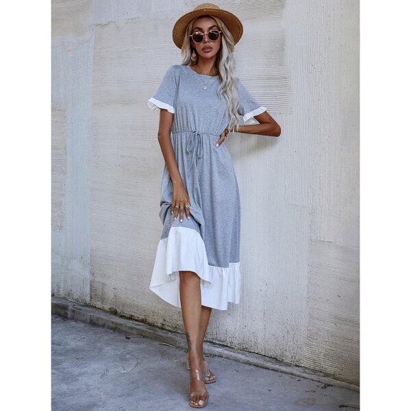 

Colorblock Knotted Flounce Hem Dress, Light grey