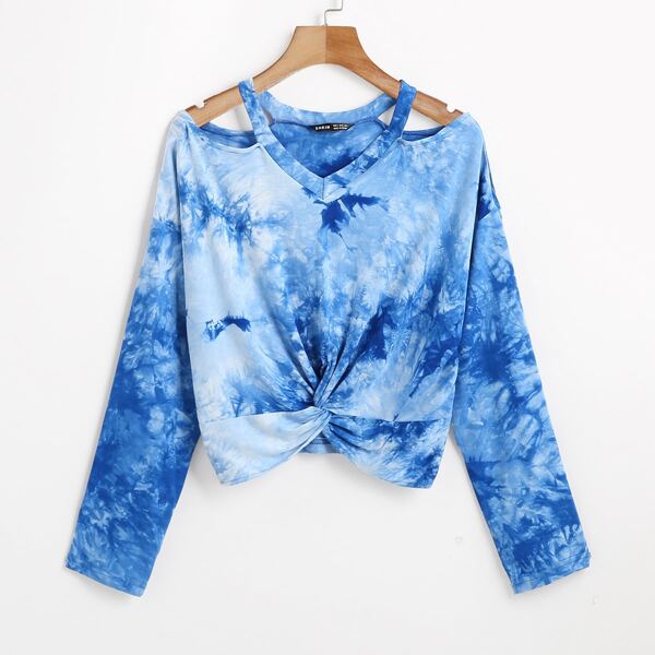 

Tie-Dye Cut Out Twist Front Tee, Blue