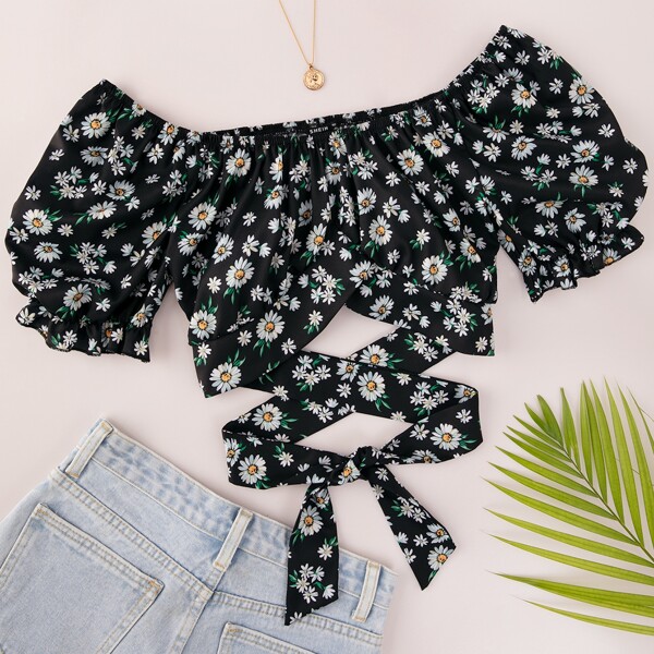 

Floral Print Crisscross Knot Blouse, Multicolor