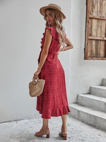 波卡圓點荷葉邊繫帶圍裹連衣裙 - 紅白色 - 查看 2