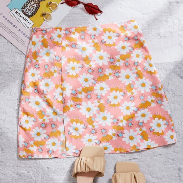 

Floral Split Hem Zipper Skirt, Multicolor