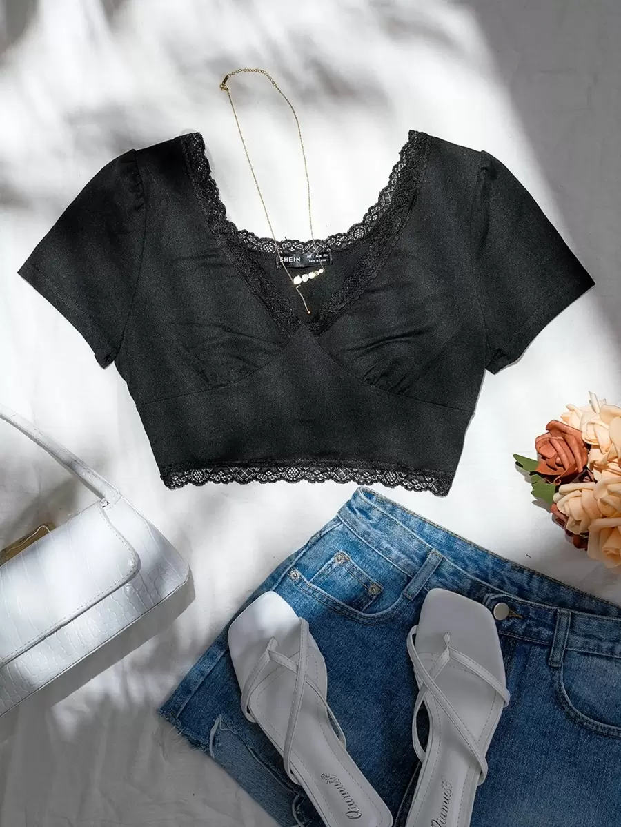 SHEIN Unity Lace Trim Crop Tee - Black - View 1