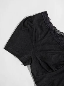 SHEIN Unity Lace Trim Crop Tee - Black - View 3