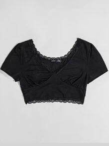 SHEIN Unity Lace Trim Crop Tee - Black - View 4