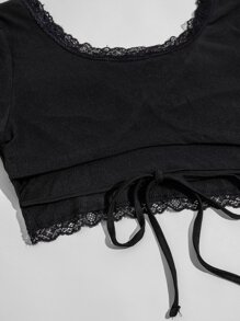 SHEIN Unity Lace Trim Crop Tee - Black - View 5