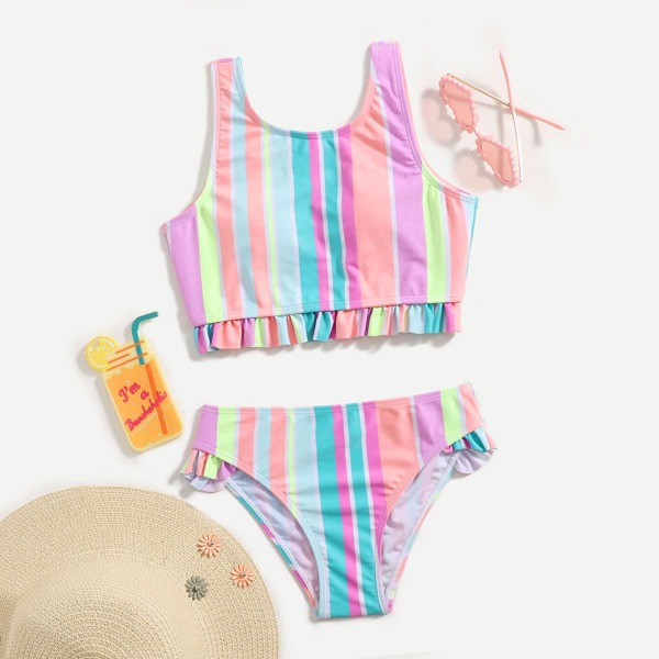 

Girls Colorful Stripe Ruffle Hem Bikini Swimsuit, Multicolor