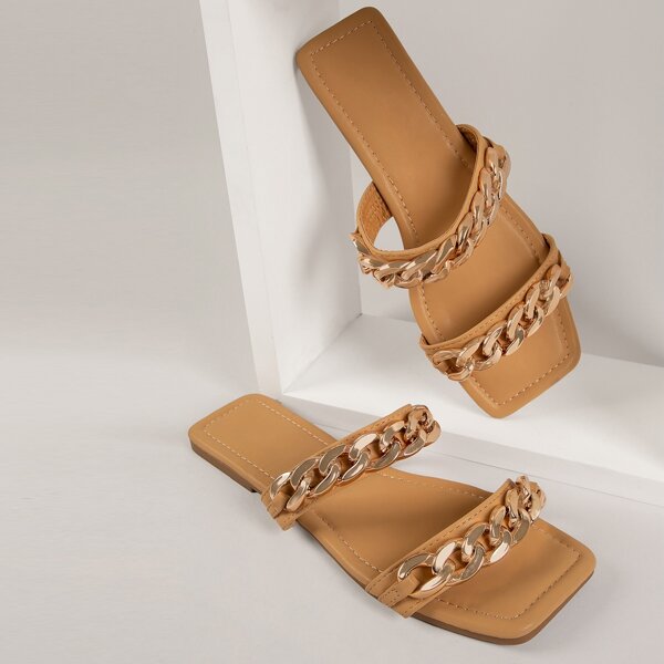 

Curb Chain Dual Strap Pleather Square Toe Sandals, Brown