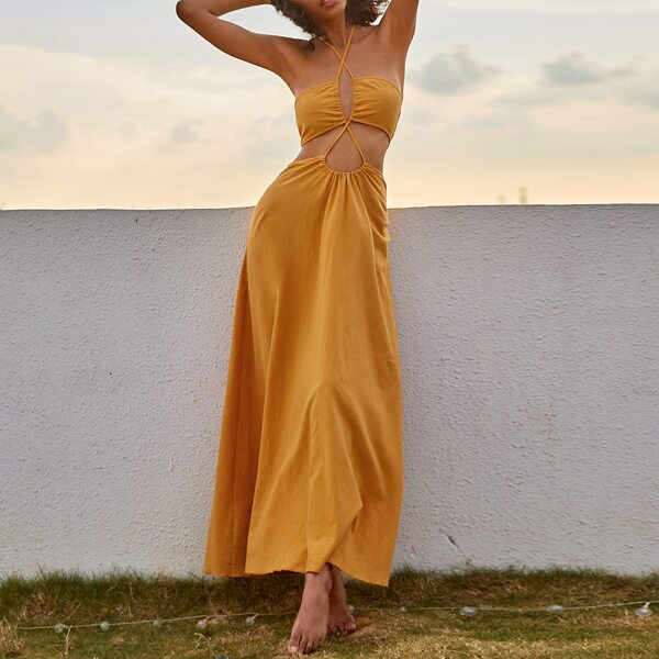 

Cutout Tied Backless Halter Dress, Orange