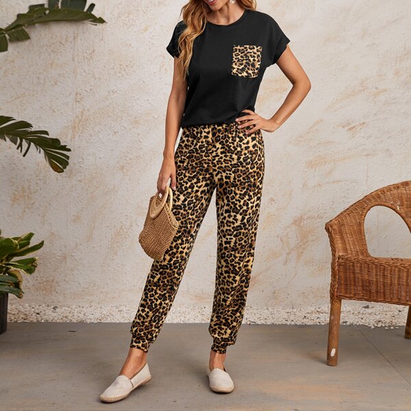

Leopard Patch Pocket Tee & Sweatpants Set, Multicolor
