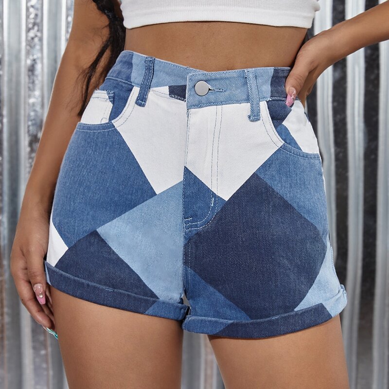 

Rolled Hem Colorblock Denim Shorts, Multicolor