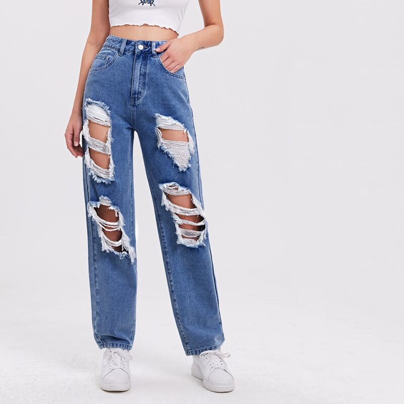 

High Waist Ripped Straight Jeans, Medium wash