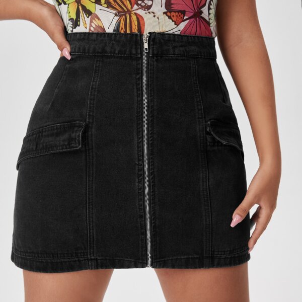 

Plus Zip Front Denim Skirt, Black