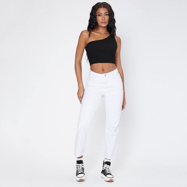 

Zipper Fly Straight Leg Jeans, White