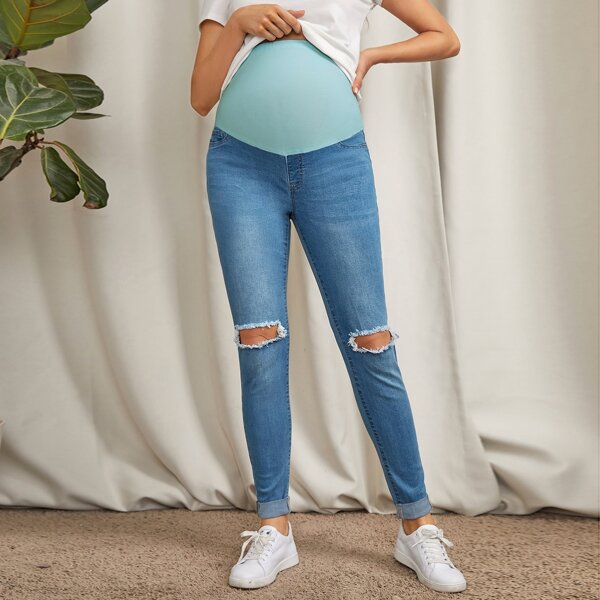 

Maternity Colorblock Ripped Detail Jeans, Medium wash