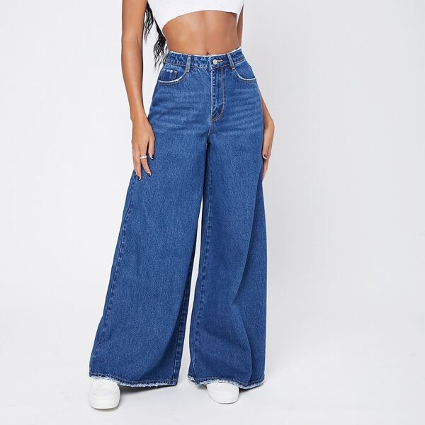 

Zipper Fly Raw Hem Wide Leg Jeans, Medium wash