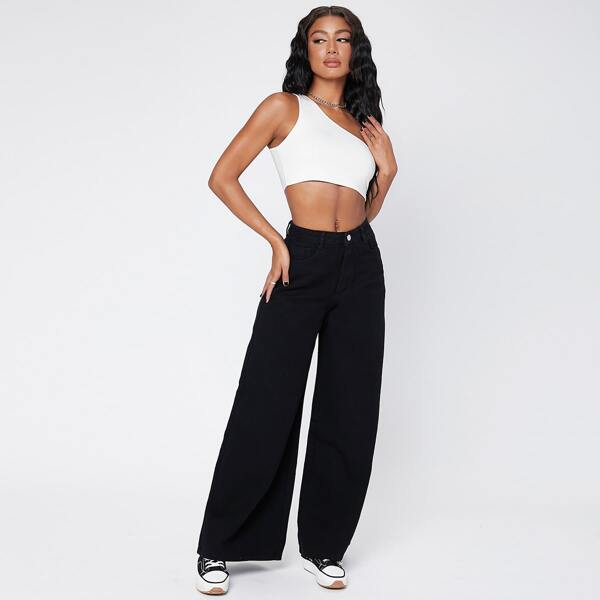 

Zipper Fly Wide Leg Jeans, Black