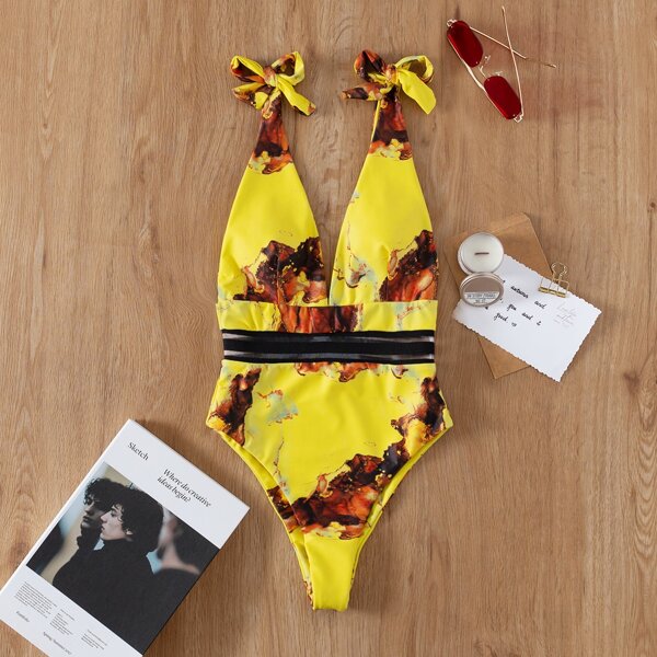 

Marble Print Tie Shoulder Plunging One Piece Swimsuit, Multicolor